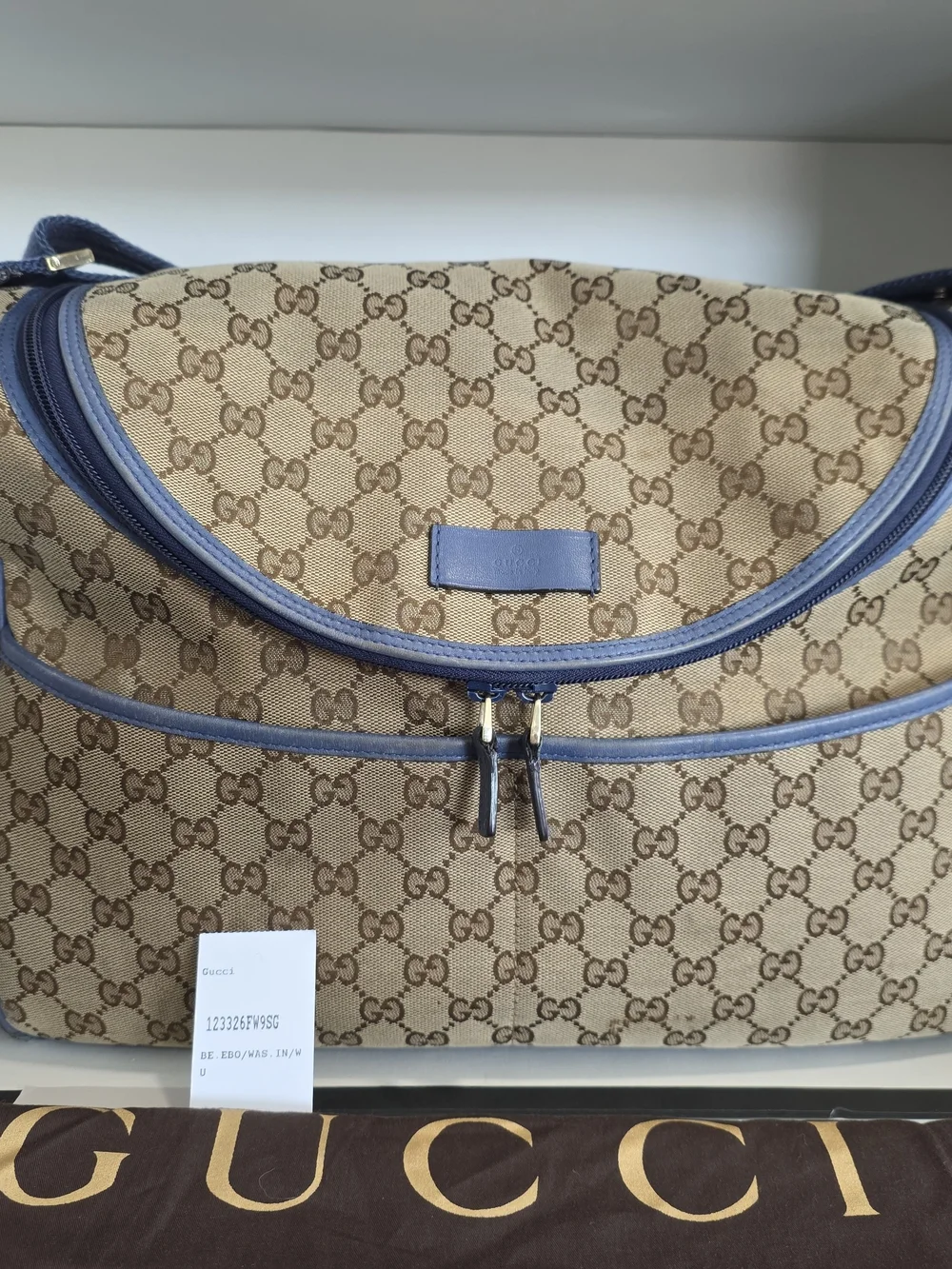 Gucci Beige GG Supreme Canvas Shoulder/Baby/Diaper Bag with Blue Trim
